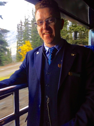 Rocky Mountaineer steward poses for a quick shot. IRT photo by Rachel Hardy