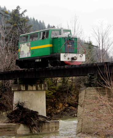 The authors' narrow-gauge diesel railcar crosses the Mizunka River on its journey into the Carpathian Forest.