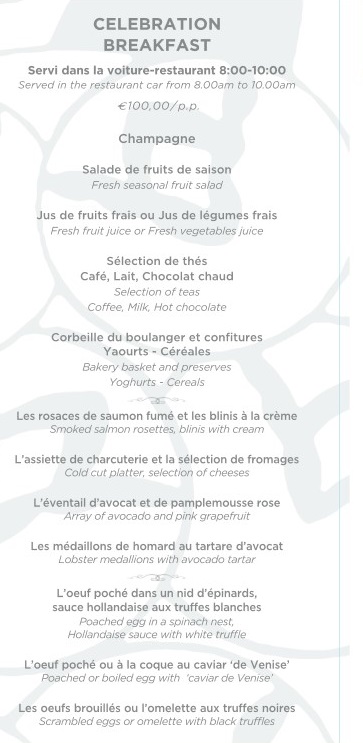 VSOE Champagne Breakfast menu