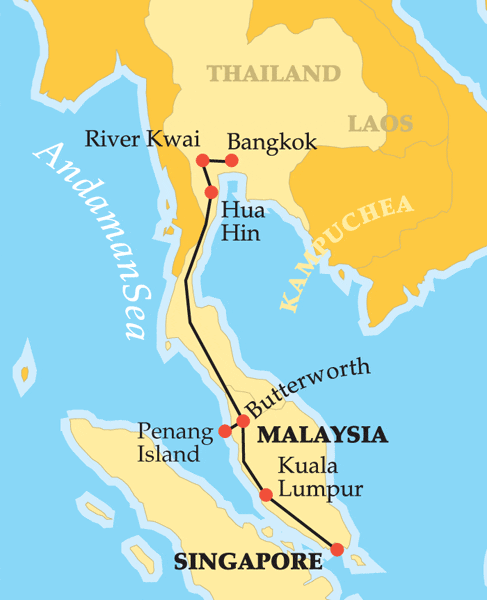 Bangkok-Singapore by Luxury Eastern & Oriental Express Train map