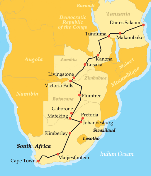 Rovos Rail The Ultimate Luxury Trek, Cape Town-Dar es Salaam map
