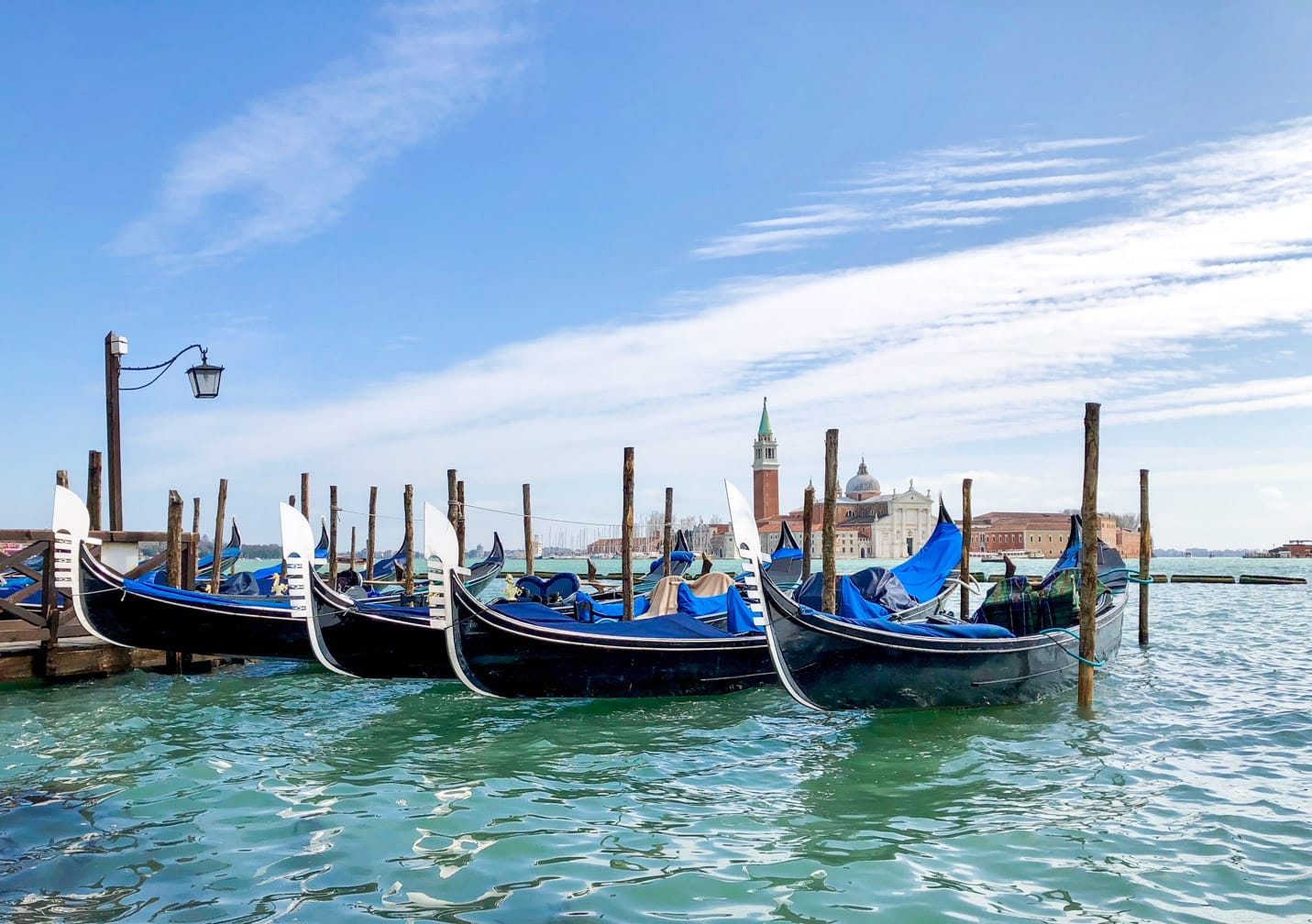Gondolas parked in Venice on the Venice-Vienna-Paris-London journey