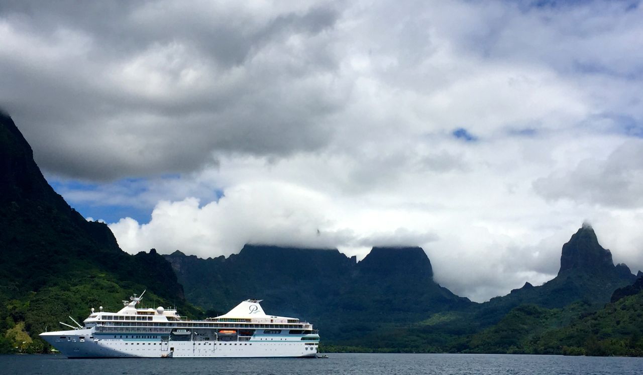 The Paul Gauguin anchored in Moorea. IRT photo by Angela Walker