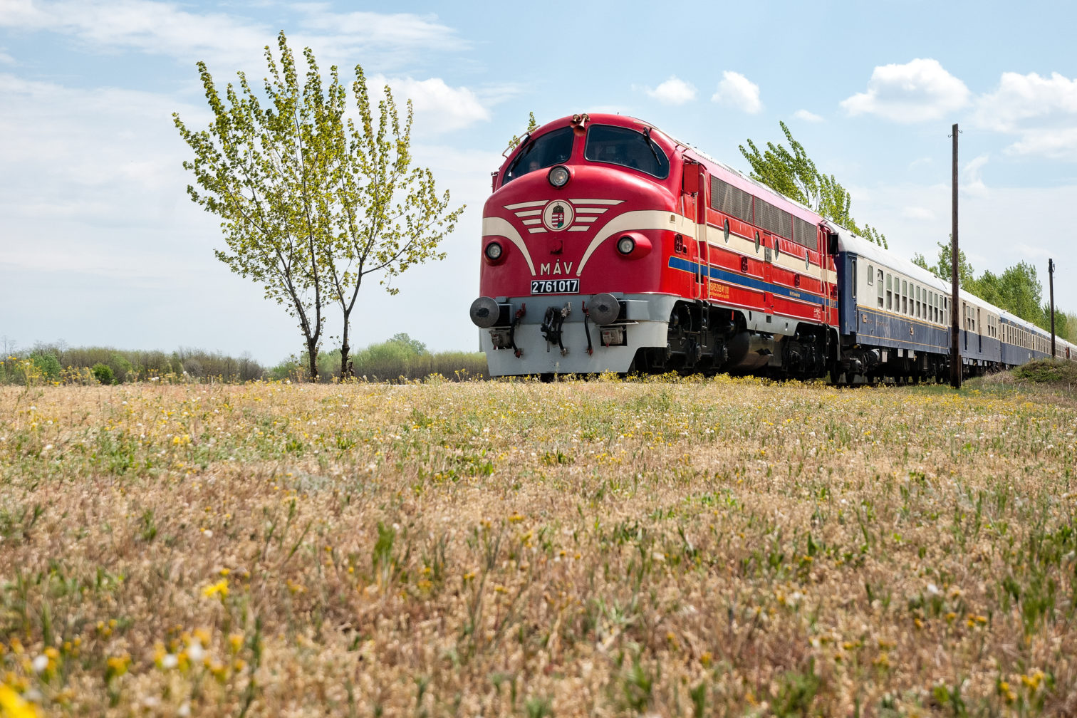 A red train, the Golden Eagle Danube Express, chugs through a rural field in Hungary.