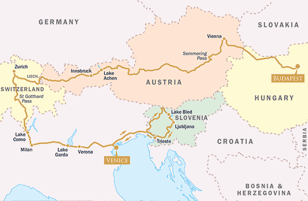 Grand Alpine Express: Budapest to Venice on the Danube Express map