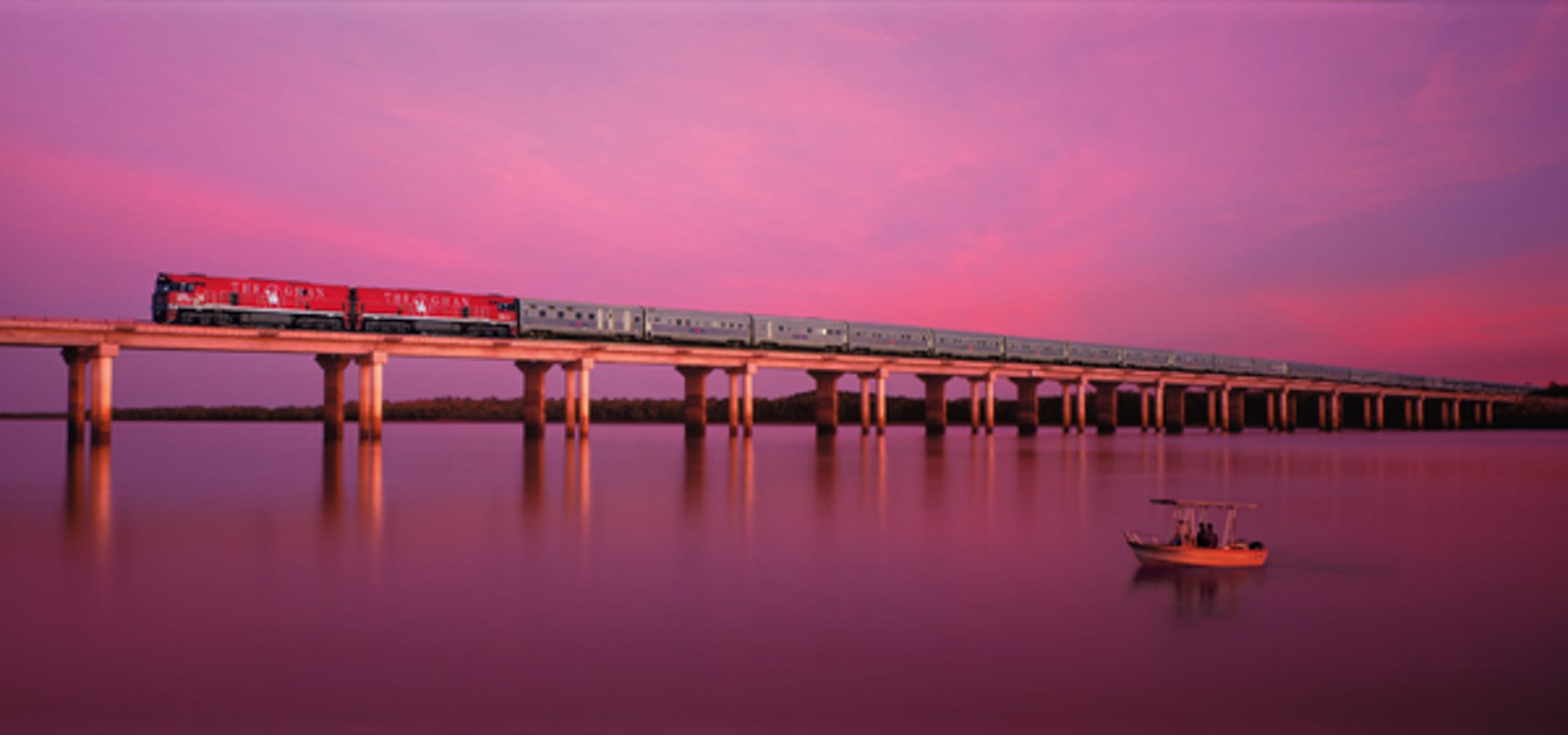 The Ghan crossing over Elizabeth River on the Luxury Down Under journey