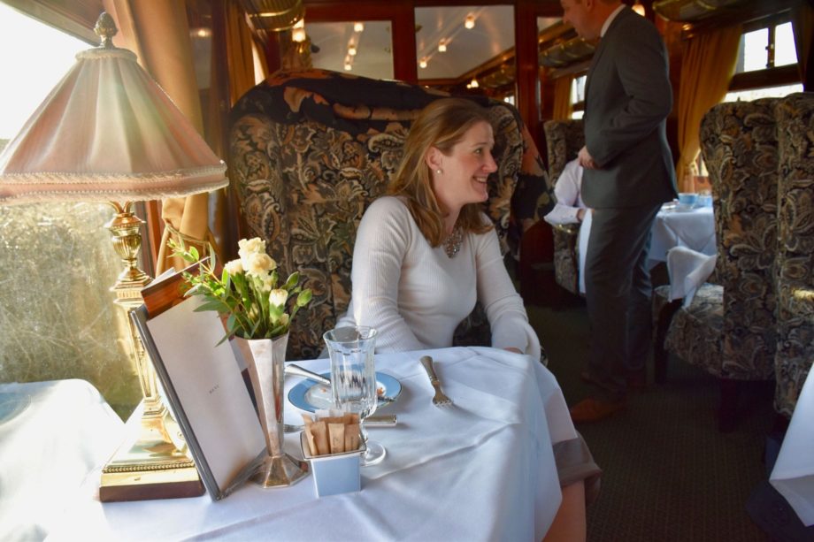 Guests eating on the Belmond British Pullman train