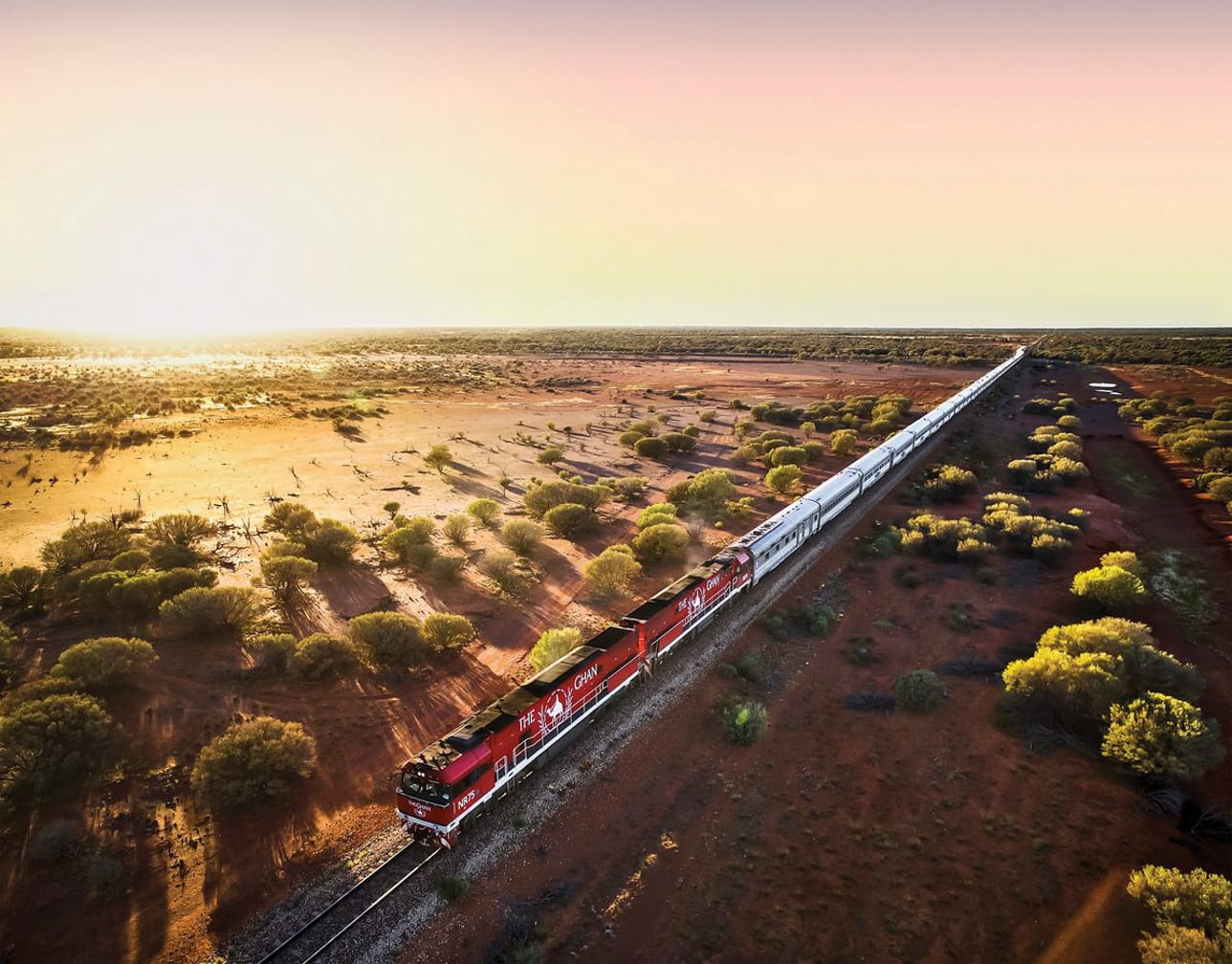 The Ghan train at sunset