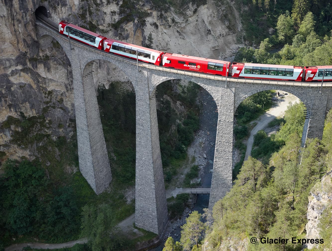 Glacier Express train on a bridge