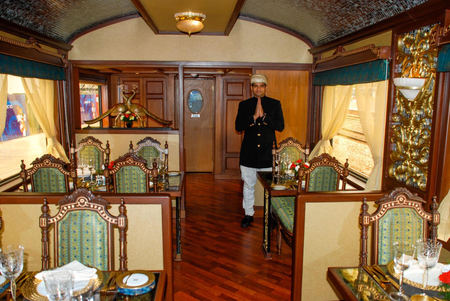 Service worker on the dining car on the Maharajas’ Express train