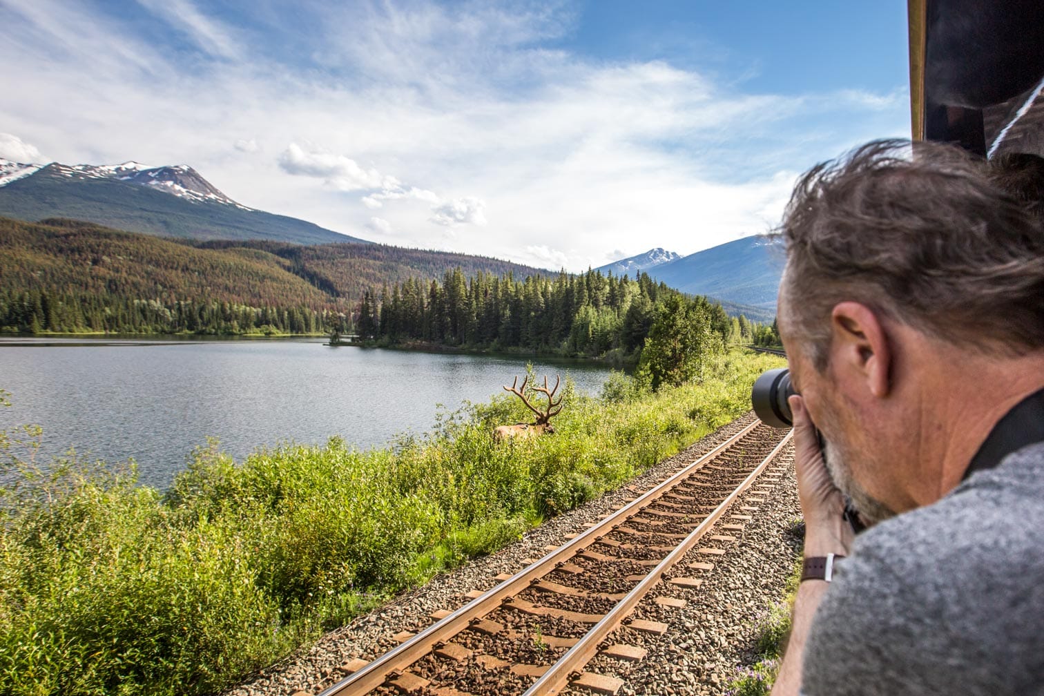 Guest taking photos while on the Rocky Mountain train