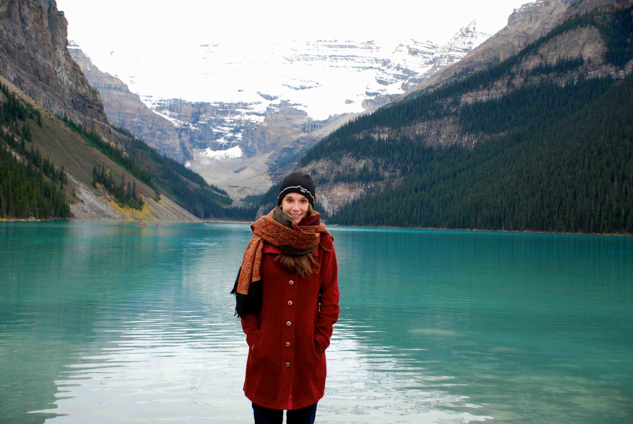 The author, bundled in her winter coat and hat, at Lake Louise. IRT photo by Belinda