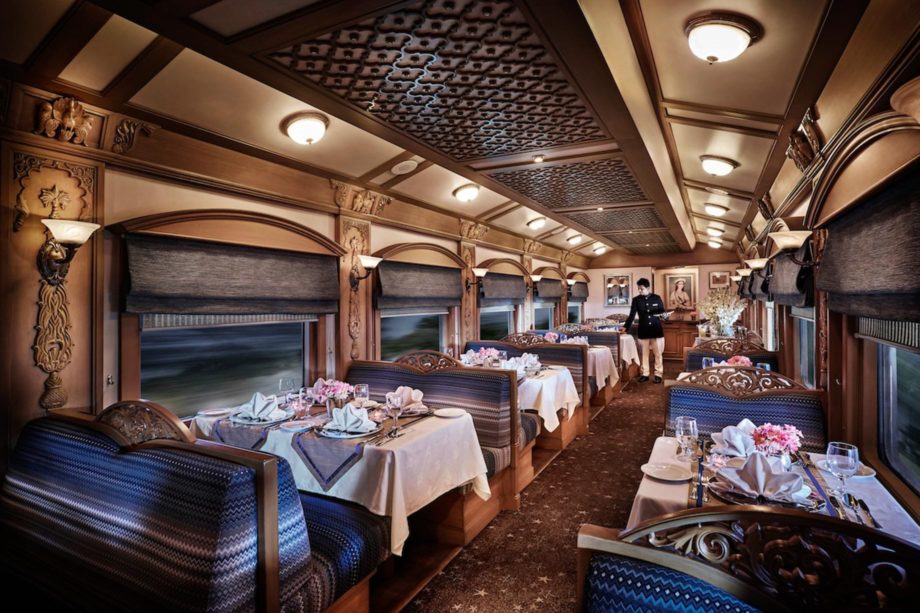 Dining cabin ready for guests on the Darjeeling Mail: Mumbai to Kolkata by Luxury Deccan Odyssey Train journey