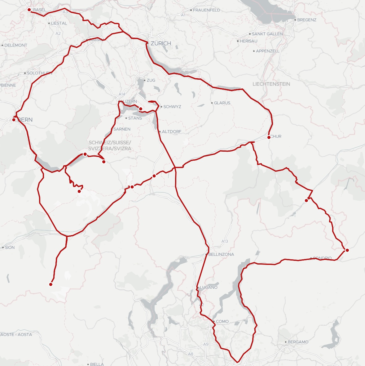 Map of the swiss rail spectacular journey route.