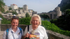 Marina Linke with IRT traveler Melissa Wells during a trip on the Golden Eagle Danube Express. IRT Photo by Angela Walker