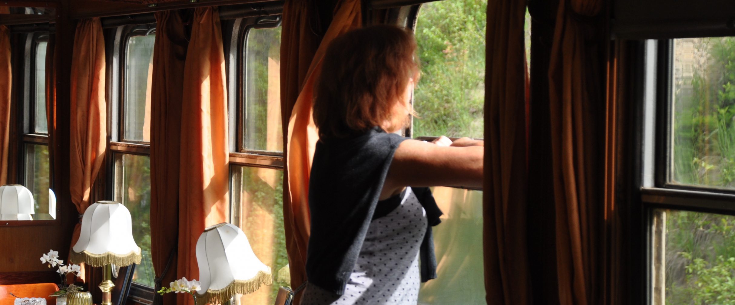 Woman looking out Danube Express windows